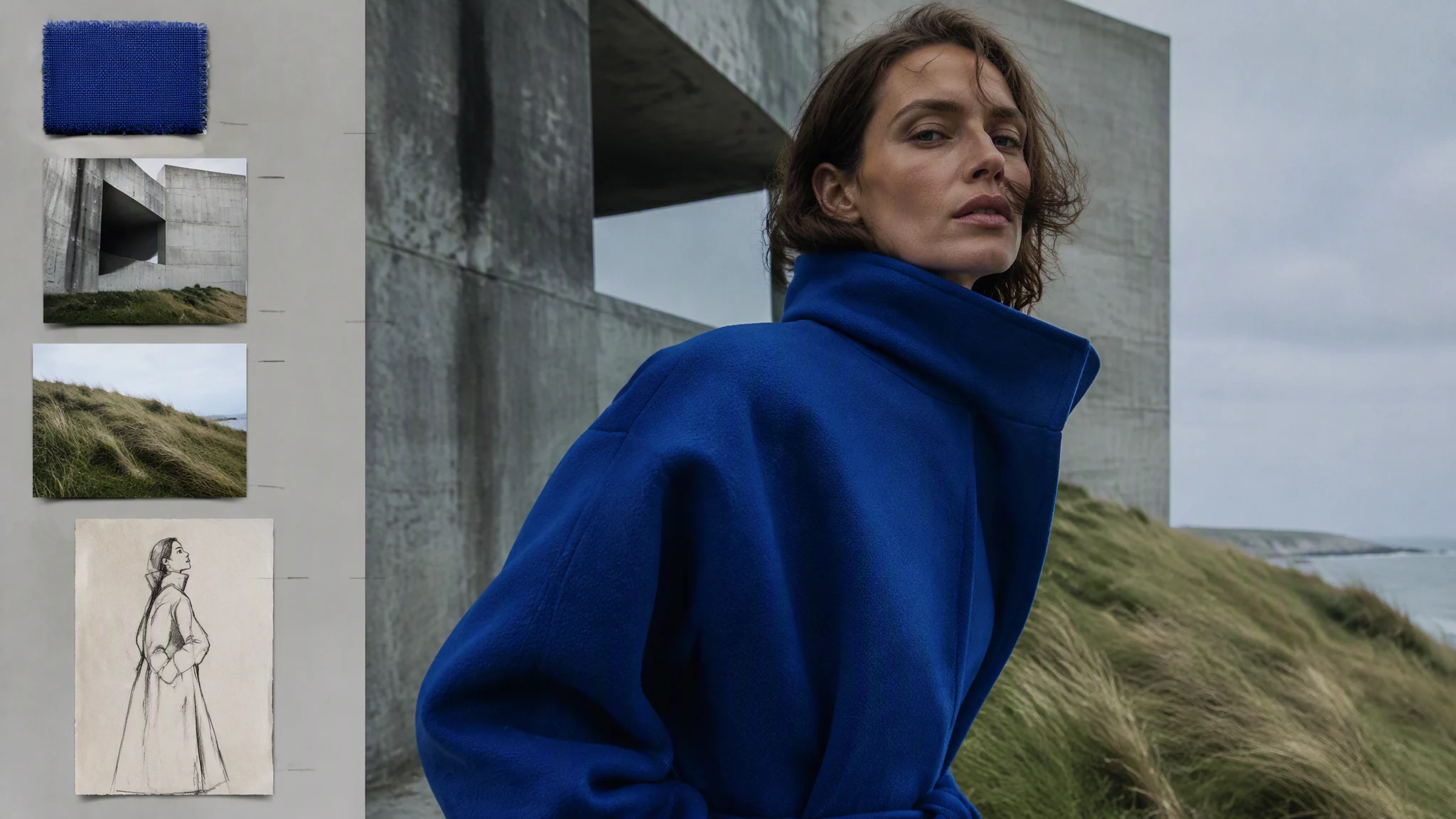Fashion campaign visual combining textile, architecture, landscape, and pose references
