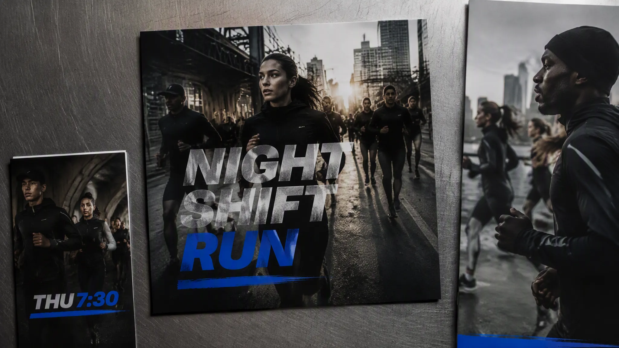 Urban running campaign visuals prepared for social feed, story, and event teaser formats