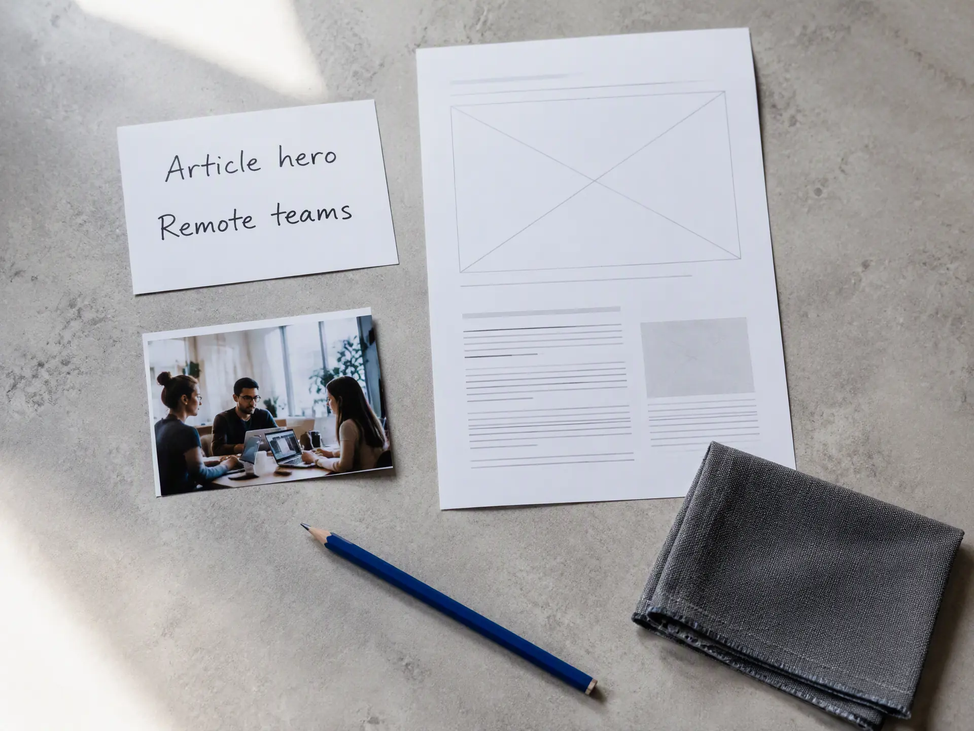 Simple article brief, reference photo, and publication wireframe before generation
