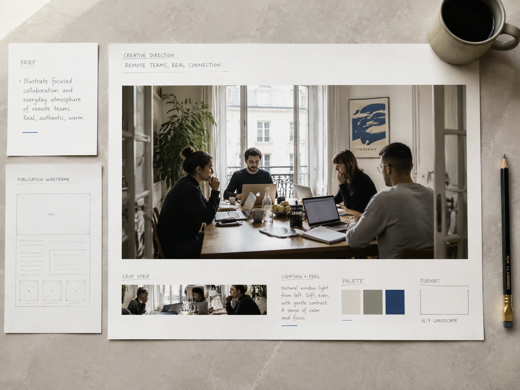 Creative direction board combining imagery, crop, lighting, palette, and format