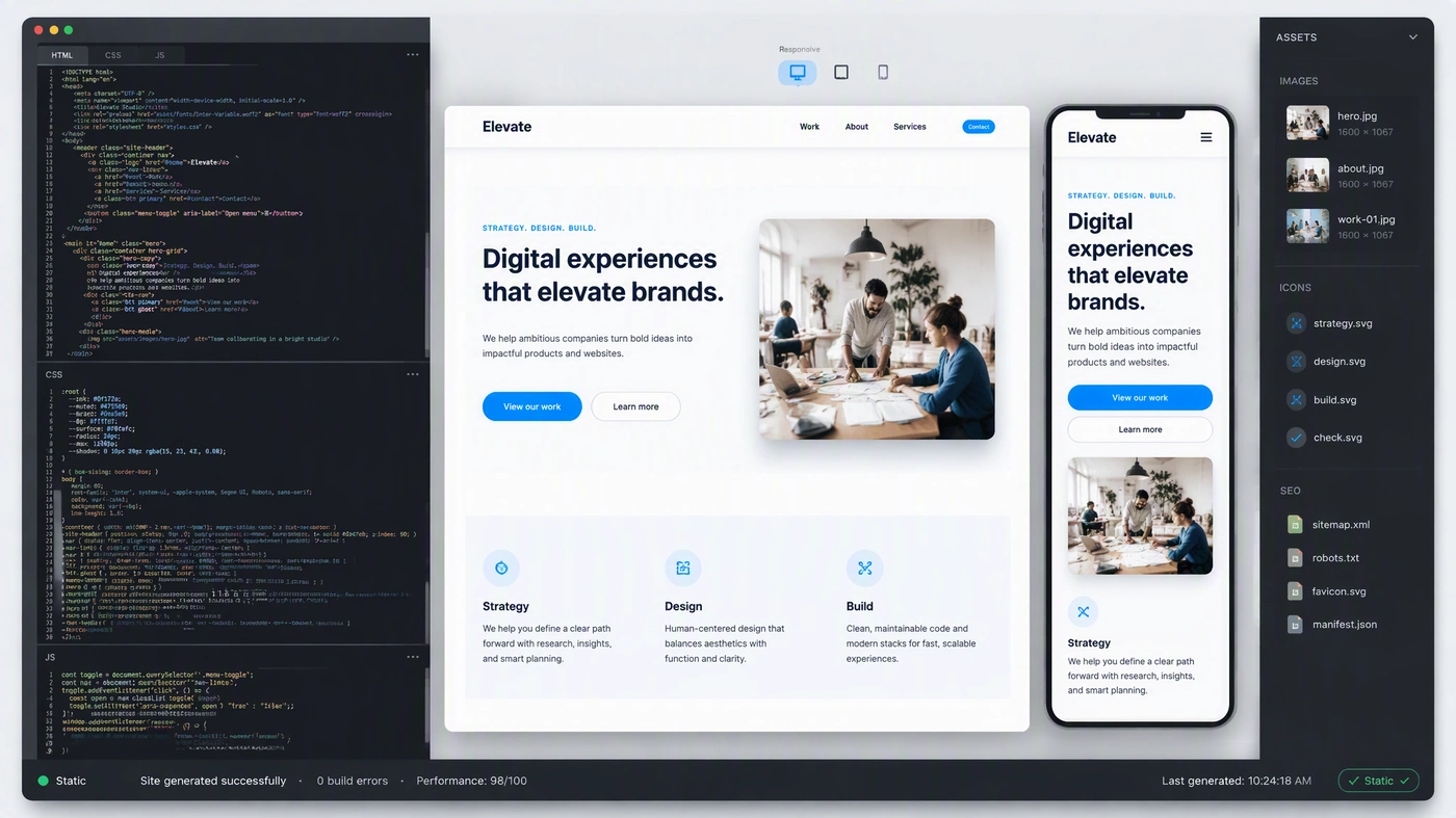 MuseWork generating production HTML CSS and responsive website code
